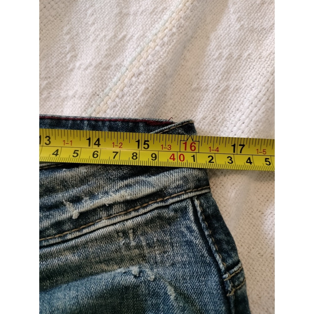 Fashion Homme Distressed Denim Shorts Size 33 Blue Acid Wash Graphic Cuff Punk - Picture 4 of 16